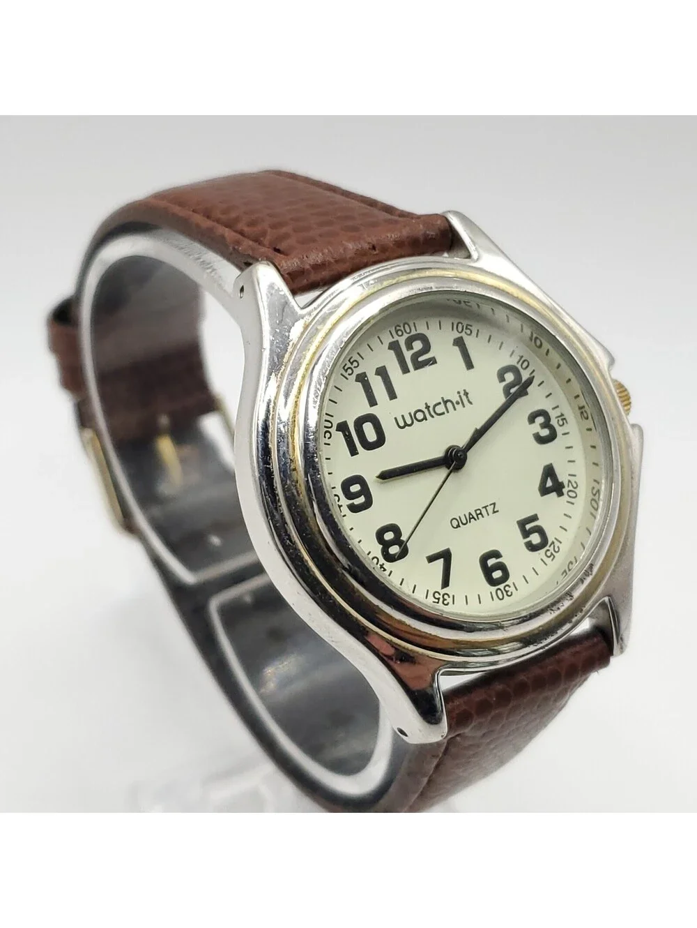 Watch-it Mens 37mm Quartz Watch New Battery Brown Leather Band Silver Tone
